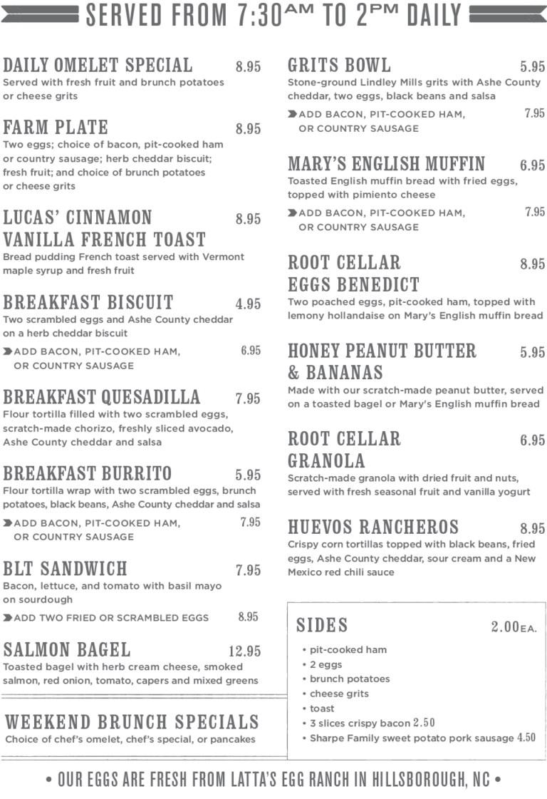 The Root Cellar Cafe & Catering Chapel HIll Breakfast Menu